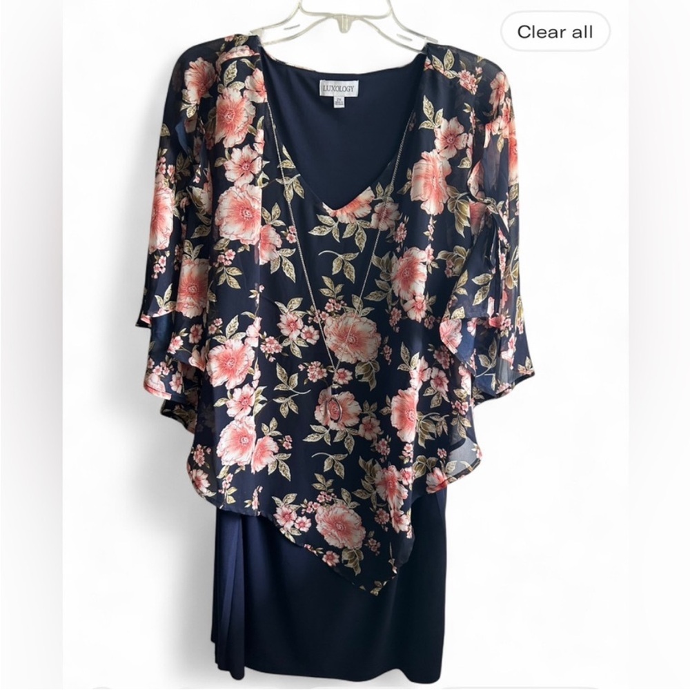 Luxology Floral and Navy Women's 2X dress with attached necklace